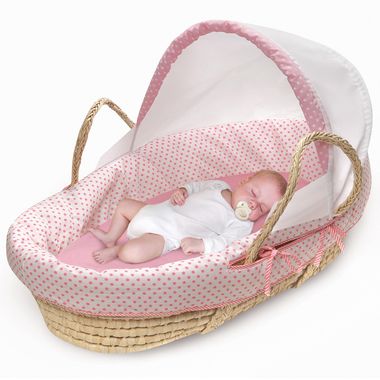 Badger Basket Natural Moses Basket with Fabric Canopy in Pink Polka Dot - Click to enlarge