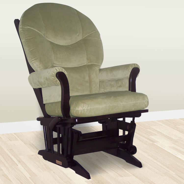 Dutailier Sleigh Multiposition Espresso Glider with Sage Green Cushions