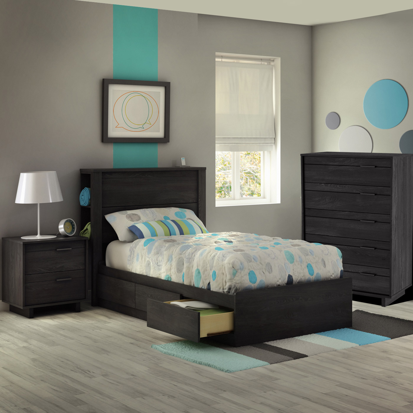 SouthShore Fynn 4 Piece Bedroom Set - Fynn Twin Mates Bed, Headboard, 5  Drawer Chest and Nightstand in Gray Oak FREE SHIPPING, image size:1400x1400