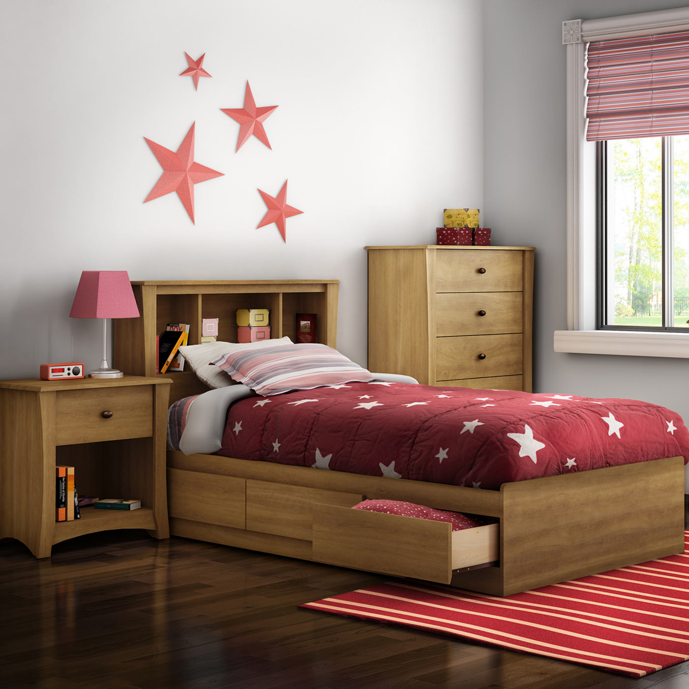 SouthShore Jumper 4 Piece Bedroom Set Jumper Twin Mates Bed, Bookcase