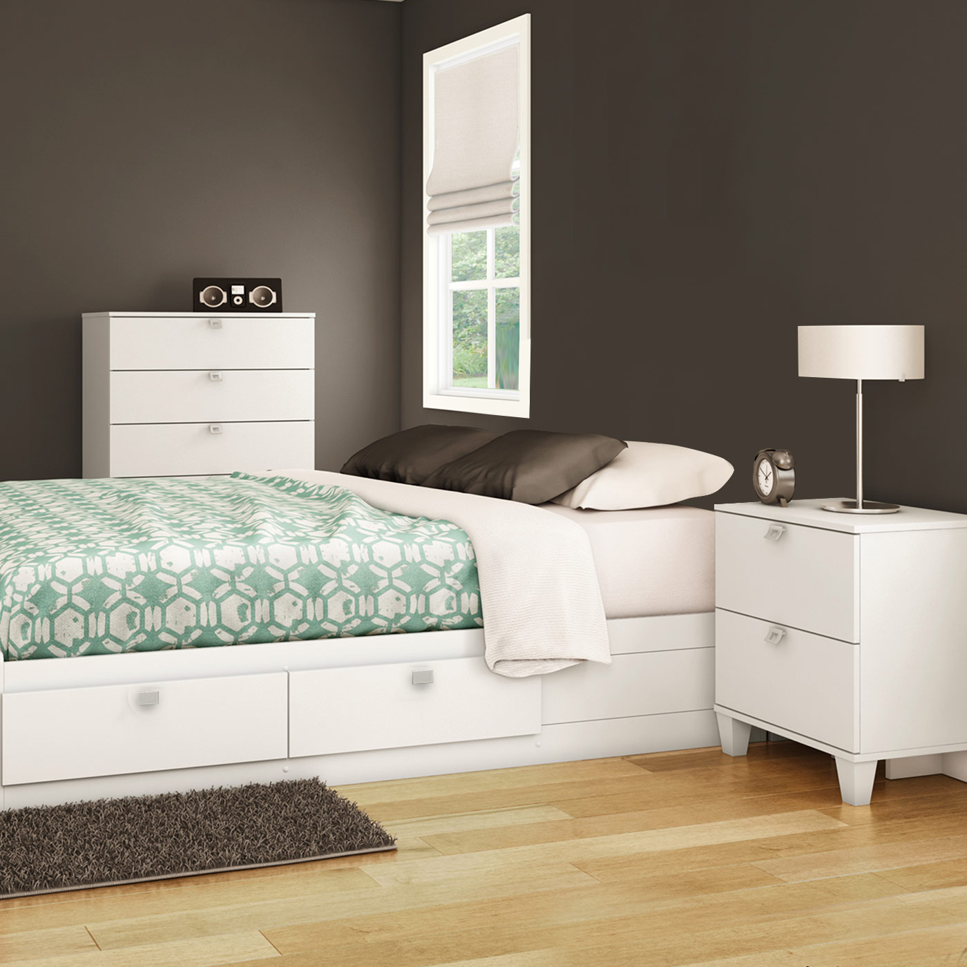 SouthShore Karma 3 Piece Bedroom Set - Karma Full Mates Bed, 5 Drawer Chest  and Nightstand in Pure White, image size:1400x1400