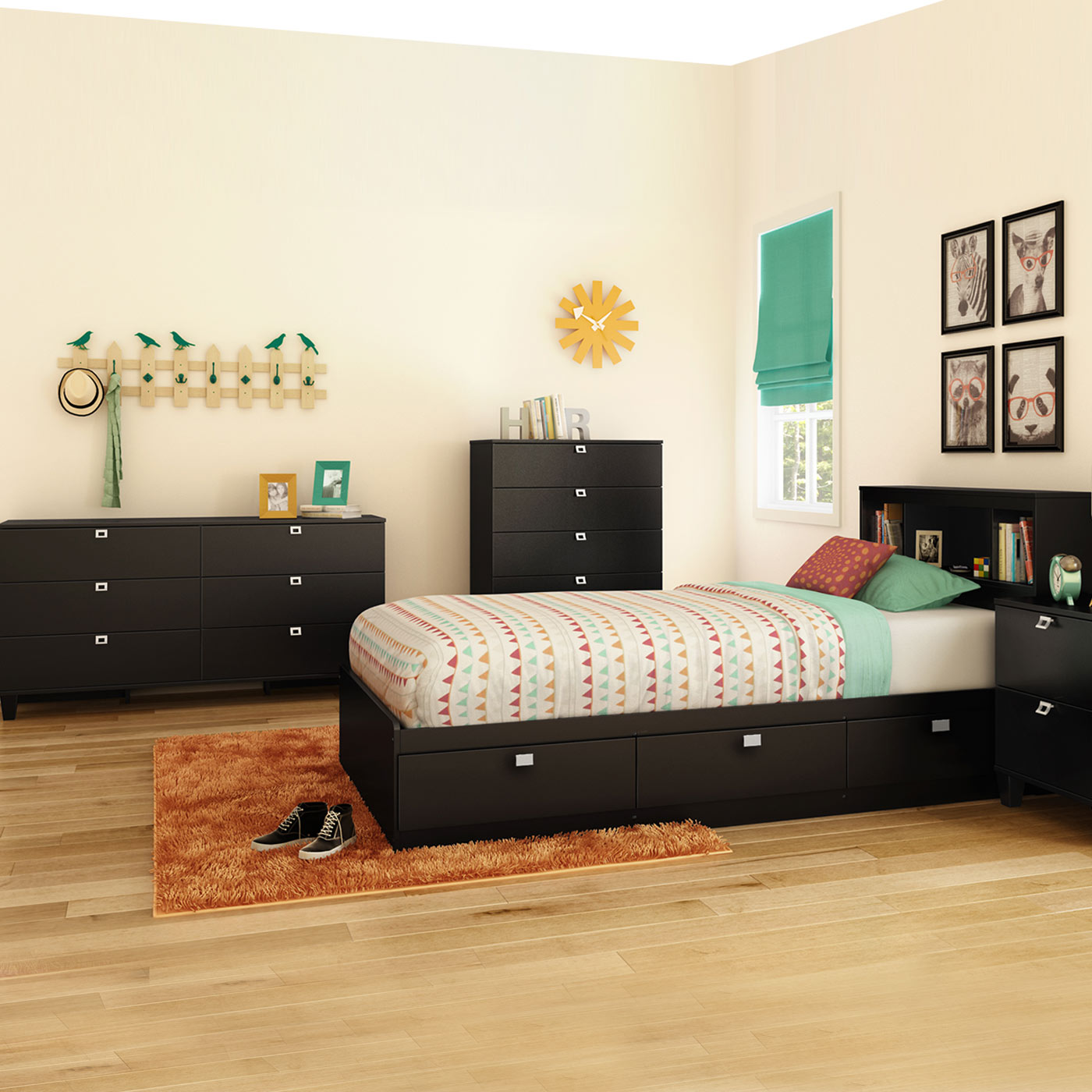 SouthShore Karma 4 Piece Bedroom Set - Karma Twin Mates Bed, Bookcase  Headboard, Double Dresser and 5 Drawer Chest in Pure Black FREE SHIPPING, image size:1400x1400