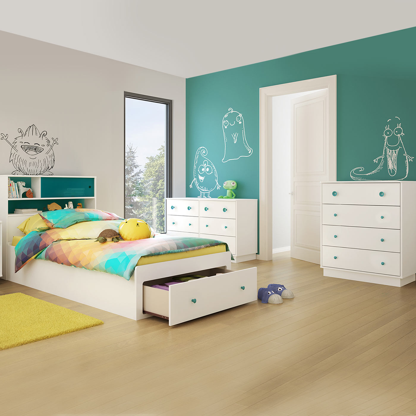 SouthShore Little Monsters 4 Piece Bedroom Set - Little Monsters Twin Mates  Bed, Headboard, Double Dresser and 4 Drawer Chest in Pure White FREE  SHIPPING, image size:1400x1400
