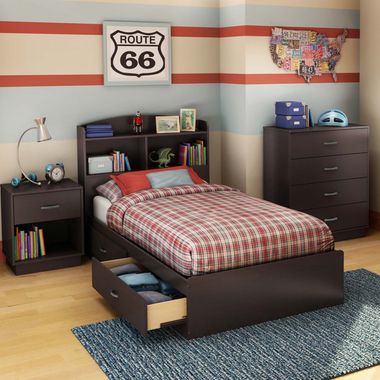 SouthShore Logik 4 Piece Bedroom Set - Logik Twin Mates Bed, Headboard, 4 Drawer Chest and Nightstand in Chocolate - Click to enlarge