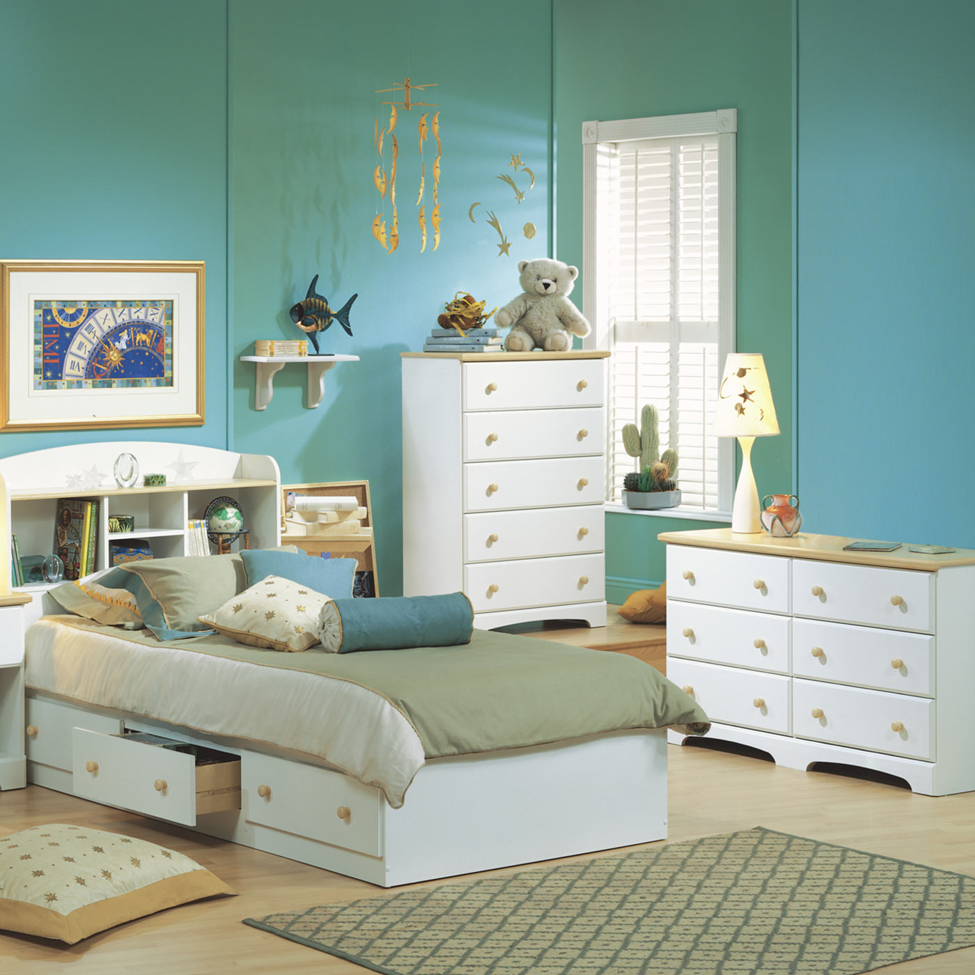 SouthShore Newbury 4 Piece Bedroom Set Newbury Twin Mates Bed, Bookcase Headboard, Double