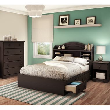 SouthShore Summer Breeze 4 Piece Bedroom Set - Summer Breeze Full Mates Bed, Headboard, 5 Drawer Chest and Nightstand in Chocolate
