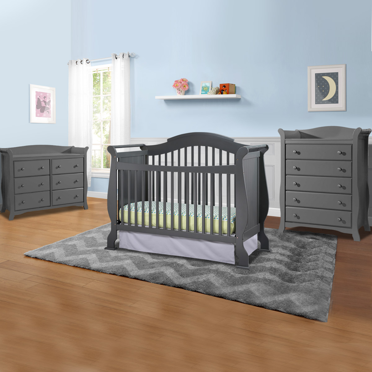 Storkcraft Valentia 3 Piece Nursery Set - Convertible Crib, Avalon 5 Drawer  Dresser and 6 Drawer Dresser in Gray FREE SHIPPING