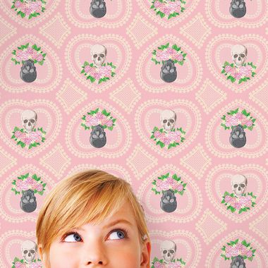 Wall Candy Arts Hearts Skulls Removable Wallpaper in Pink - Click to enlarge