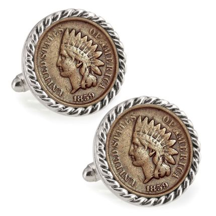 1859 First-Year-of-Issue Indian Head Penny Silvertone Rope Bezel Coin Cuff Links