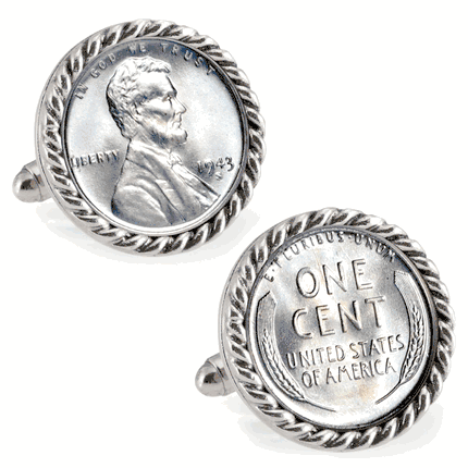 1943 Lincoln Steel Penny Silvertone Rope Bezel Coin Cuff Links