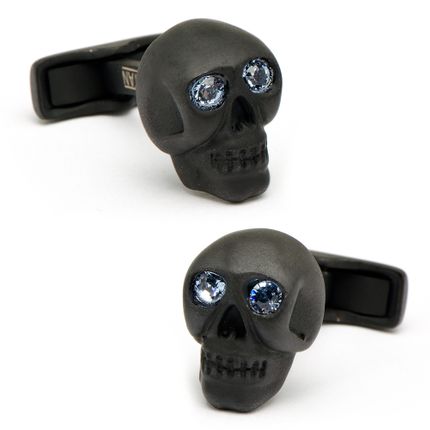Aquamarine Eyed Matte Black Skulls Cufflinks