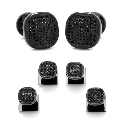 Black Stainless Steel Black Crystal Cufflink and Stud Set