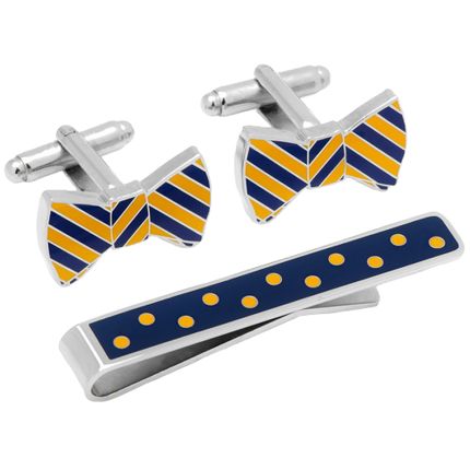 Blue and Yellow Bowtie Cufflinks and Tie Bar Gift Set