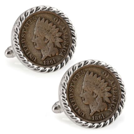 Civil War Indian Head Penny Silvertone Rope Bezel Coin Cuff Links