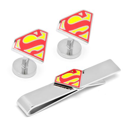 DC Comics Enamel Superman Shield Tie Bar and Cufflinks Gift Set