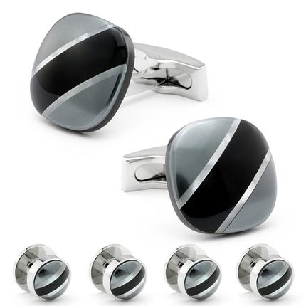 Diagonal Stripe Cufflinks Hematite Onyx And Mother Of Pearl