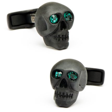 Emerald Eyed Matte Black Skulls Cufflinks