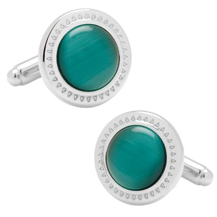 Emerald Green Cats eye Etched Border Cufflinks