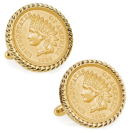 Gold-Layered 1859 First-Year-of-Issue Indian Head Penny Goldtone Rope Bezel Coin Cufflinks