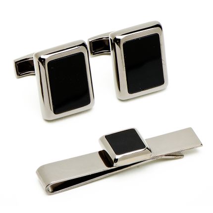 Gunmetal And Onyx Jfk Cufflinks & Tie Bar Gift Set