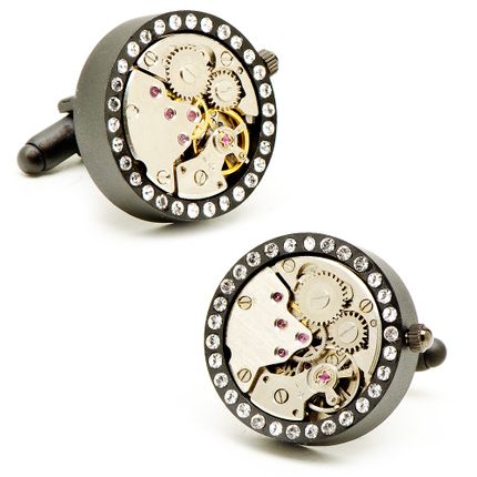 Matte Black & Crystals Watch Movement Cufflinks