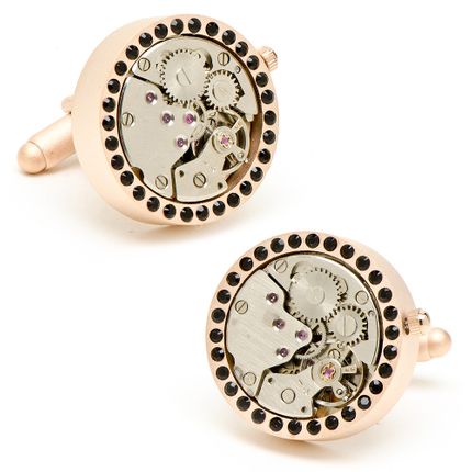 Matte Rose Gold & Black Crystals Watch Movement Cufflinks