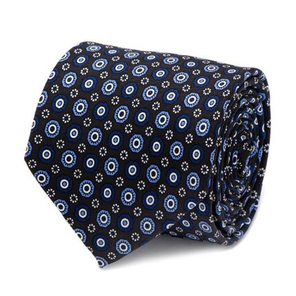 Navy  Circle Patterned Silk Tie