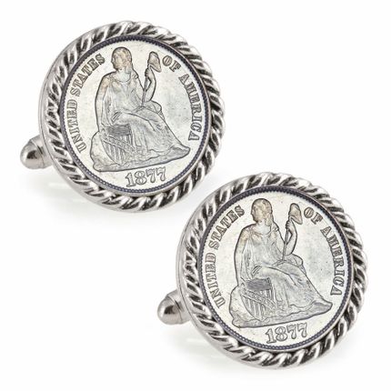 Seated Liberty Silver Dime Silvertone Rope Bezel Coin Cuff Links