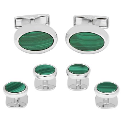 Silver tone and Malachite Oval Stud Set