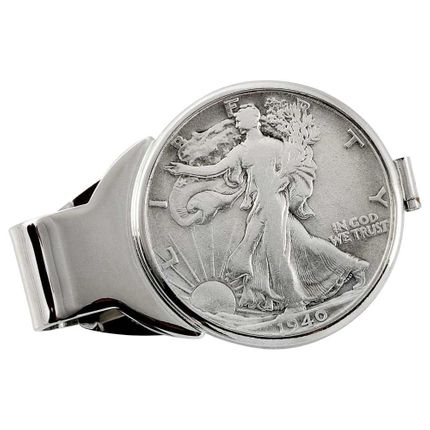 Silver Walking Liberty Half Dollar Silvertone Coin Money Clip