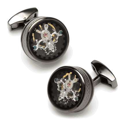 Single Tourbillion Gear Cufflinks in Gunmetal/Black Enamel