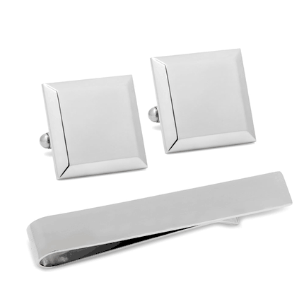 Stainless Steel Beveled Square Engravable Cufflinks and Tie Bar Gift Set