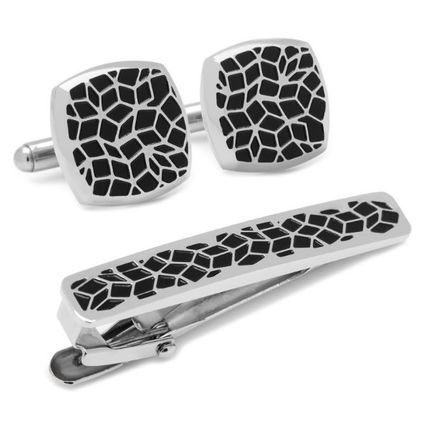 Stainless Steel Geo Cell Cufflinks and Tie Clip Gift Set