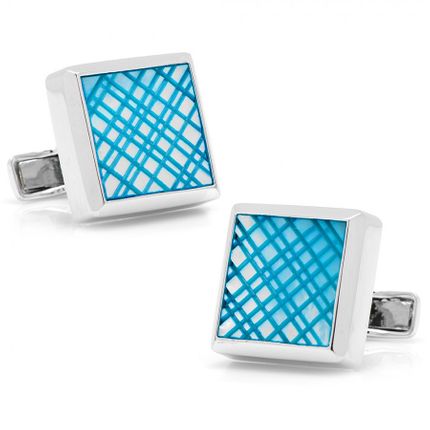 Sterling Blue Etched Plaid MOP Cufflinks