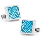 Sterling Blue Etched Plaid MOP Cufflinks