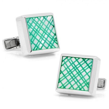 Sterling Green Etched Plaid MOP Cufflinks