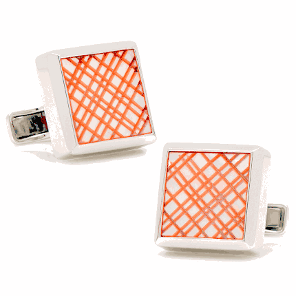 Sterling Orange Etched Plaid MOP Cufflinks