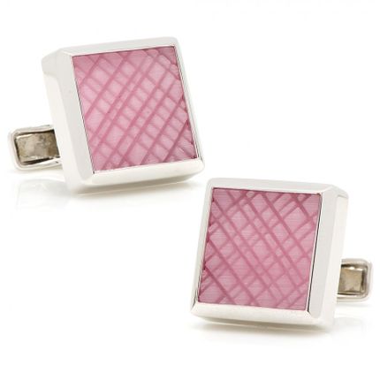 Sterling Pink Cat's Eye Etched Plaid Cufflinks