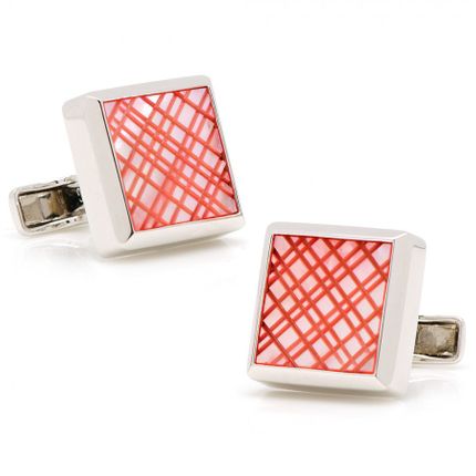 Sterling Pink Etched Plaid MOP Cufflinks