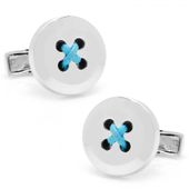 Sterling Silver Button Cufflinks with Light Blue Thread