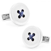 Sterling Silver Button Cufflinks with Navy Thread