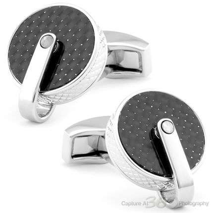 Tateossian Pulley Carbon Fibre Round Black Cufflinks