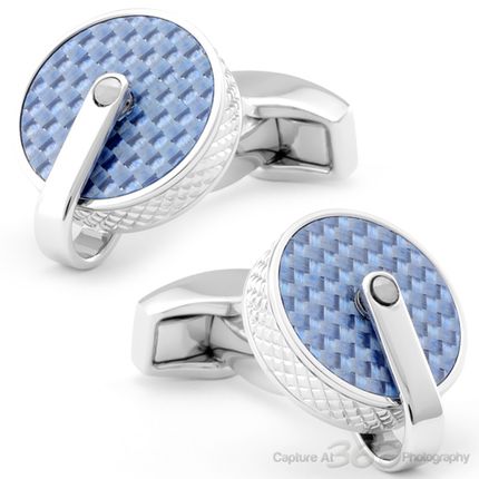 Tateossian Pulley Carbon Fibre Round Blue Cufflinks