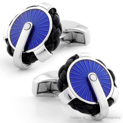 Tateossian Pulley Leather Round Blue Cufflinks