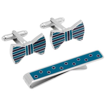Teal and Plum Bowtie Cufflinks and Tie Bar Gift Set
