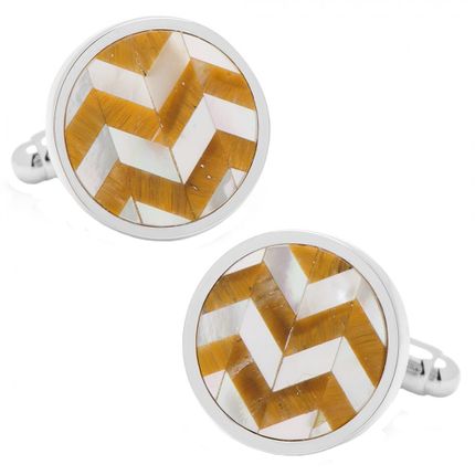 Tiger's Eye and Mother of Pearl Round Chevron Cufflinks