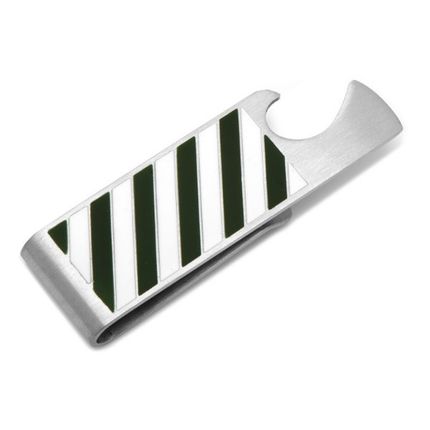 Varsity Stripes Green and White Bottle Opener Money Clip
