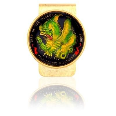 Year Of Dragon Medallion W/ Green Dragon Coin Money Clip
