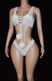 Velvet thong set w/pompoms