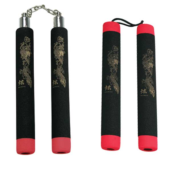 BLACK RUBBER NUNCHAKU (nunchucks) with RED TIPS on sale BLACK